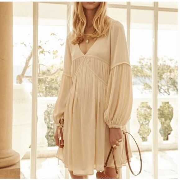 The Aneta Mini Silk Blend Artisan Babydoll Dress  Sancia Ivory Dress - Picture 2 of 6